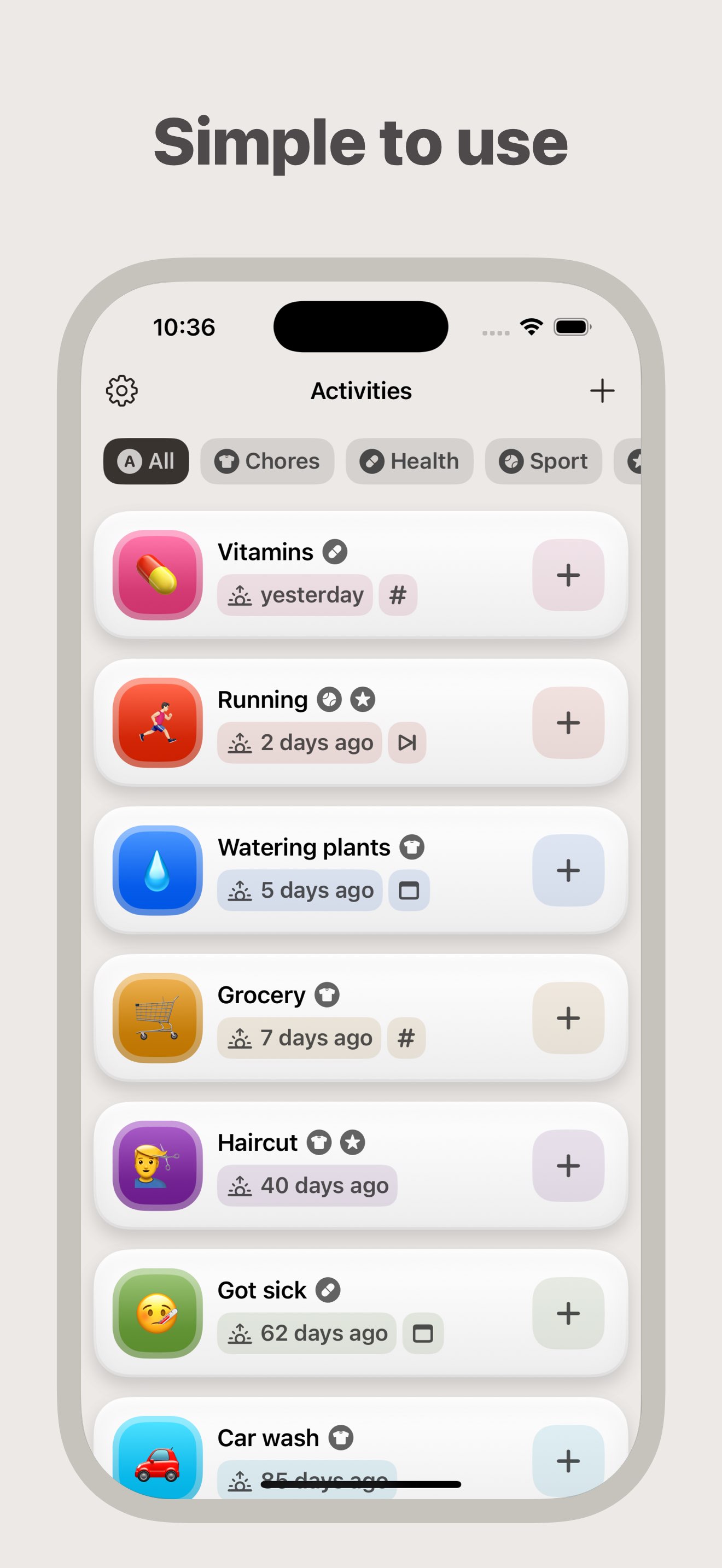 Home screen showing activities in the All tags with various information for each activity.