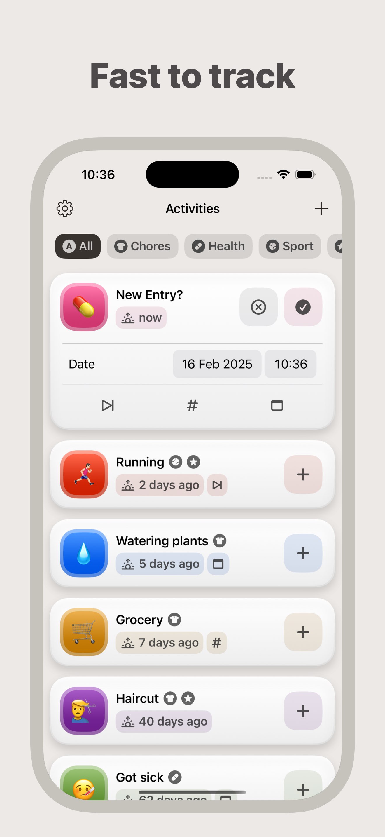 New entry panel in the home screen provides fast access to create new entry.
