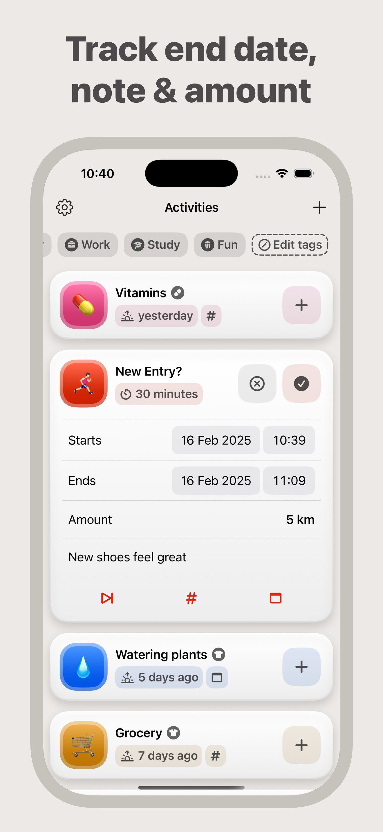 New entry panel that has end date, note and amount fields indicates support for tracking end date, note and amount.