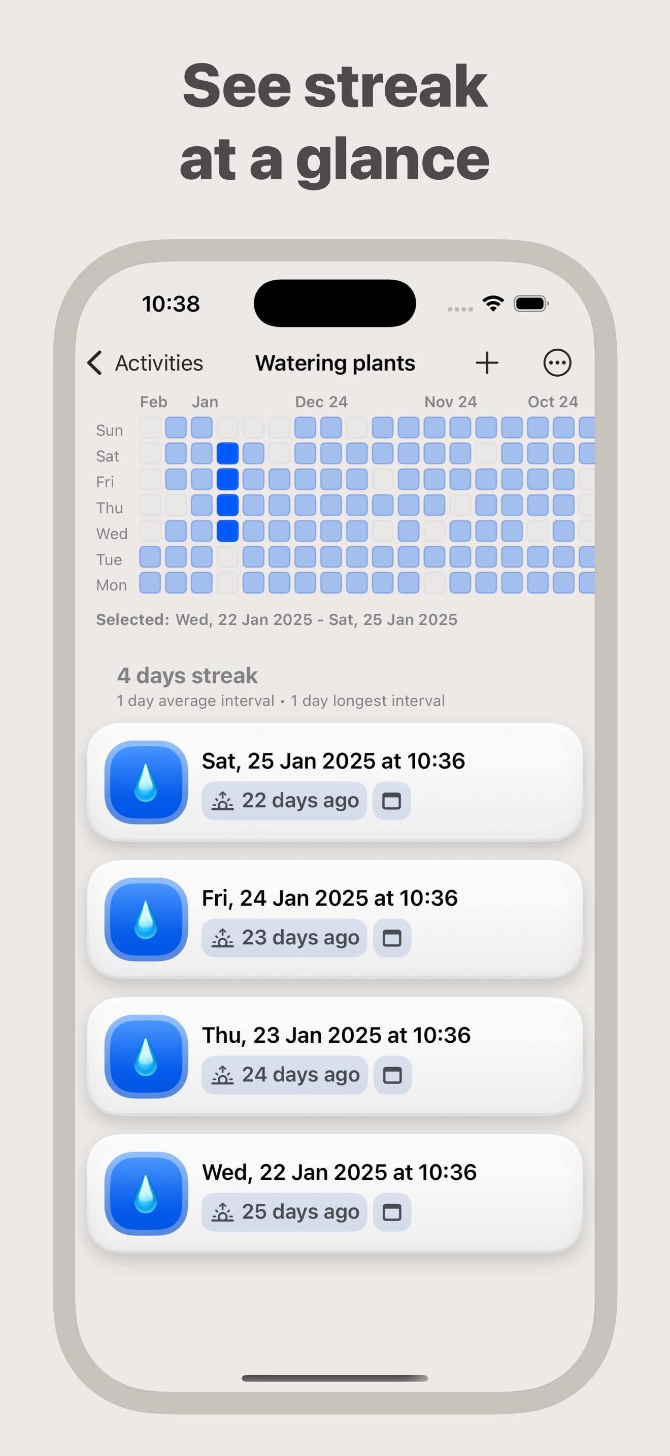Activity screen with a streak selected, user can see average interval and longest interval as well as entries in that streak.