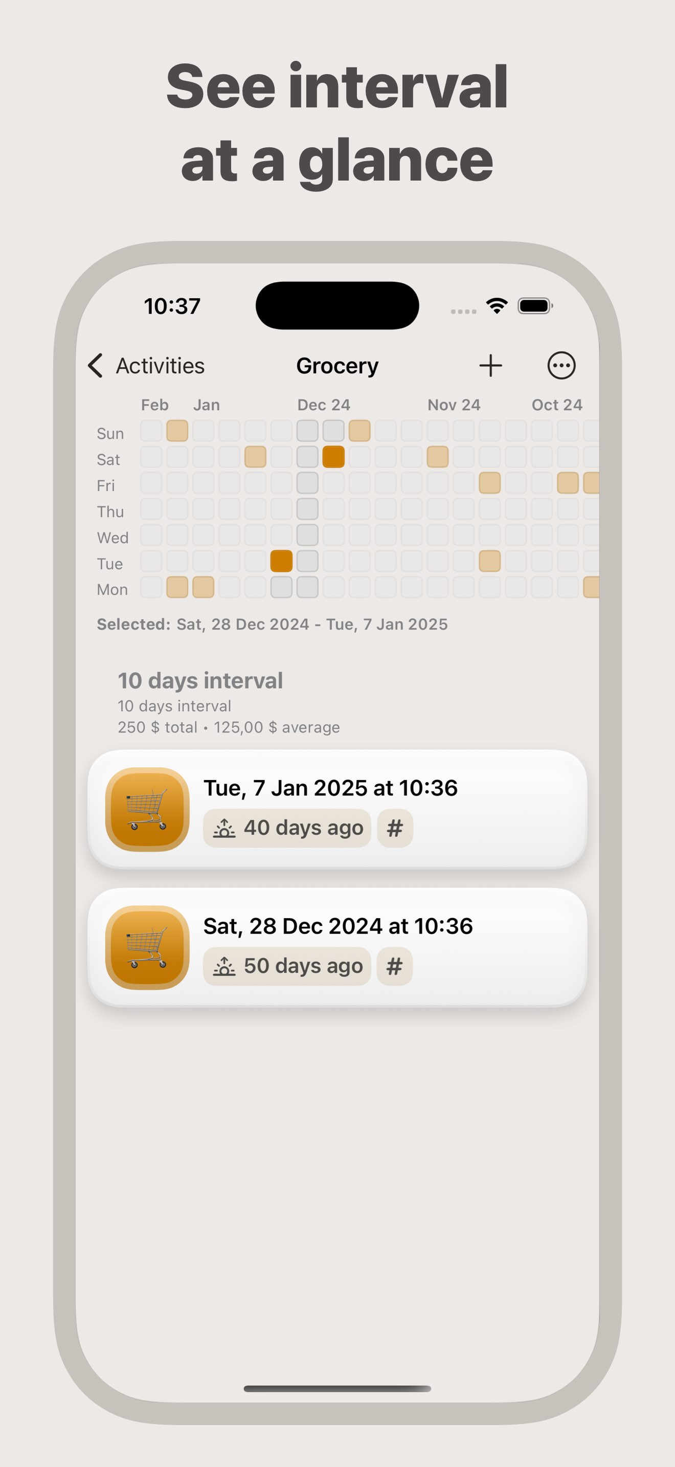 Activity screen with an interval selected, user can see number of days interval, total and average amounts as well as entries in that interval.