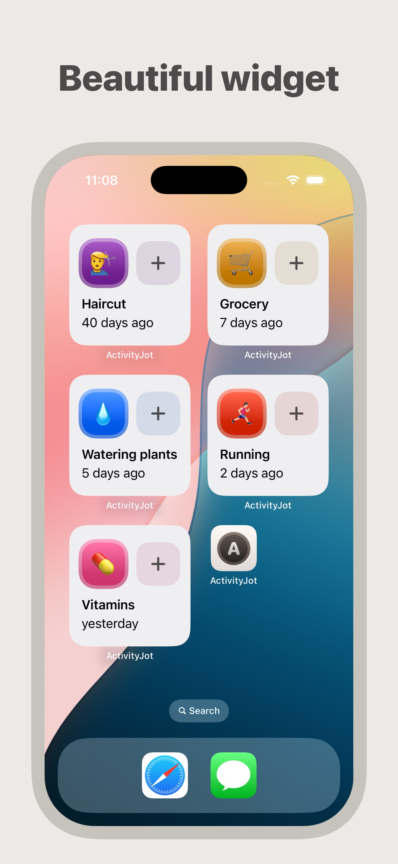 iOS home screen with Activity Jot widgets. Each widget show different activity's icon, title and a relative date as well as a button to create new entry.