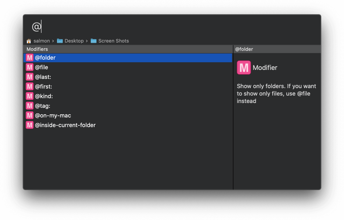 Salmon search window with '@' entered in search field and a list of modifiers in the search result list