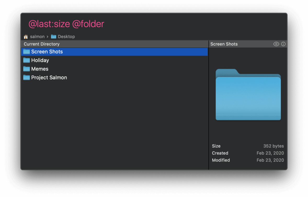 Salmon search window with '@last:size @folder' entered in search field and the search results of all folders in current directory sorted by size