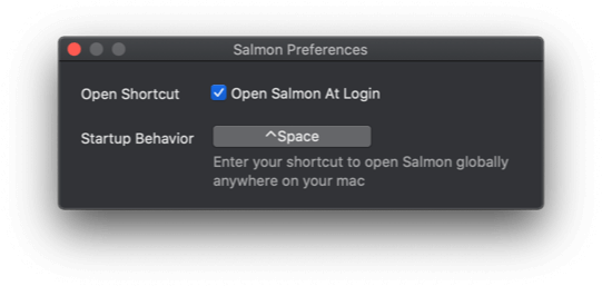 Preferences window with Open at login and keyboard shortcut options
