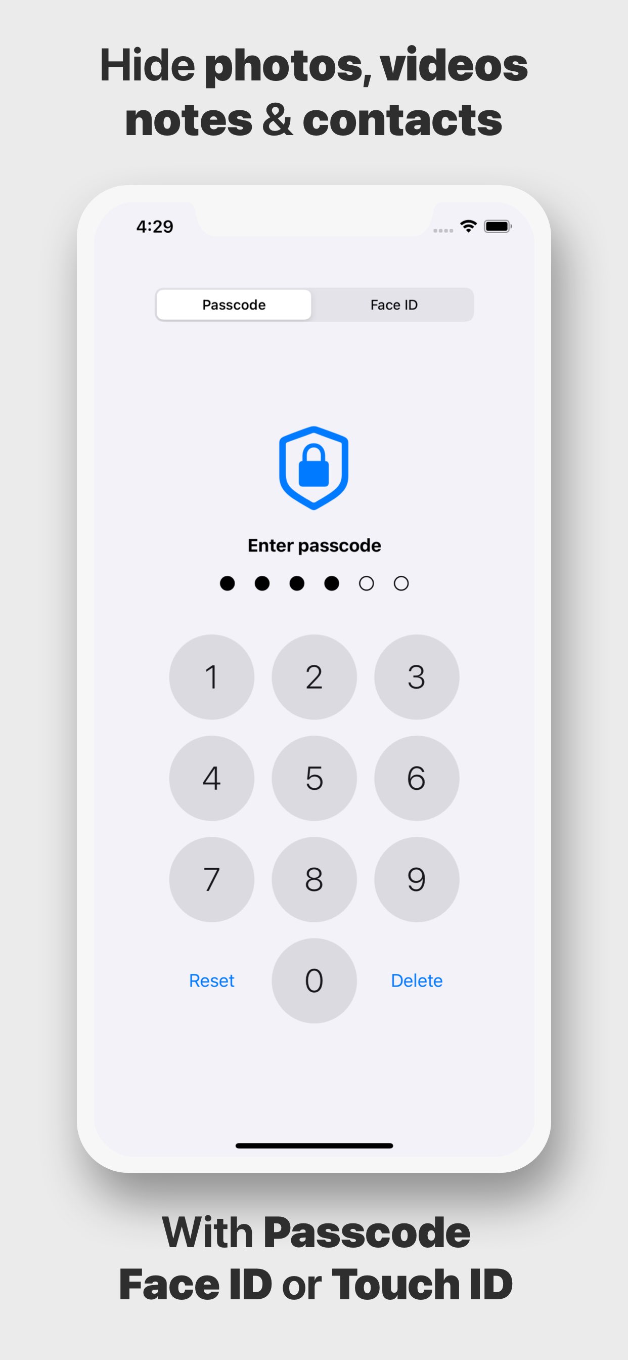 Lock screen with passcode tab selected, also available is Face Id to unlock.