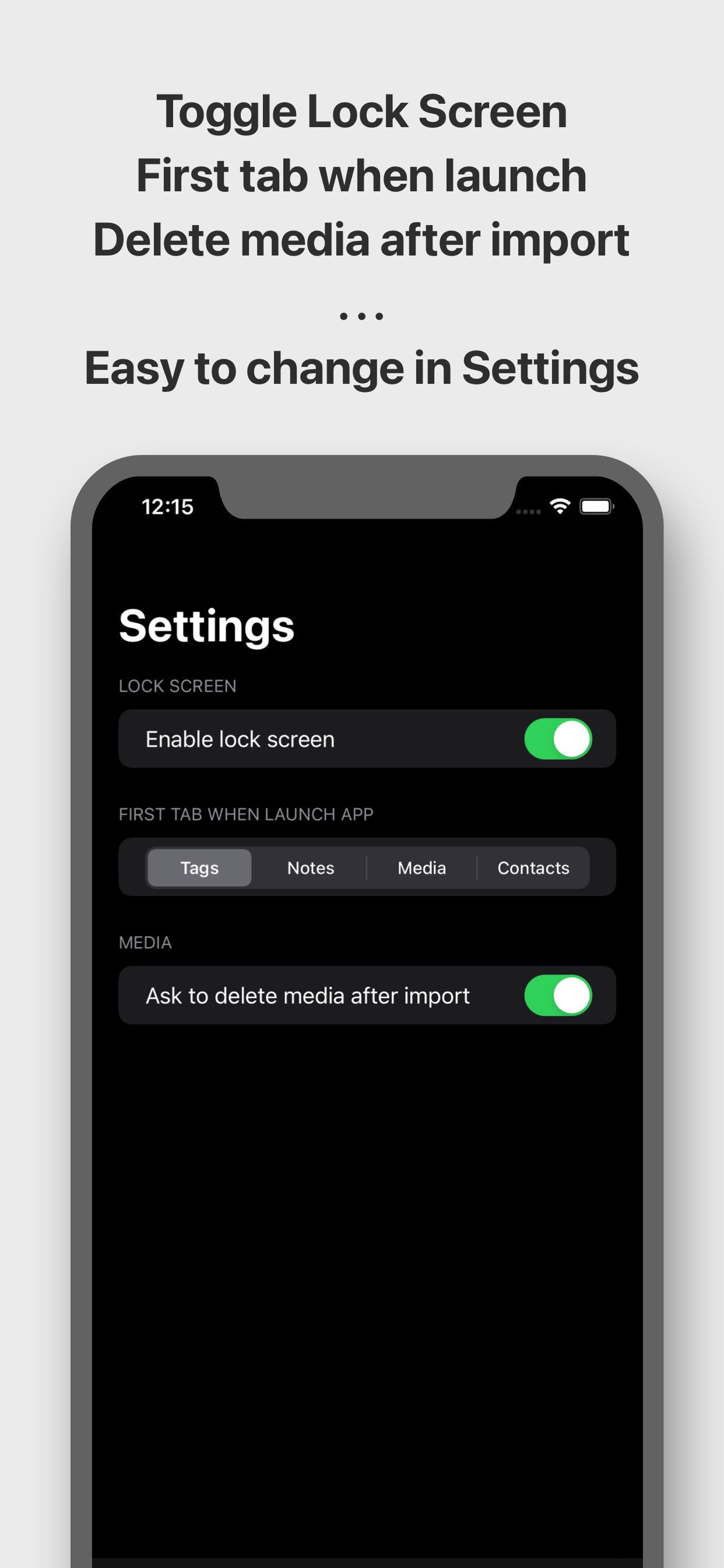 Settings screen with options to Enable lock screen, First tab when launch app and Ask to delete media after import...