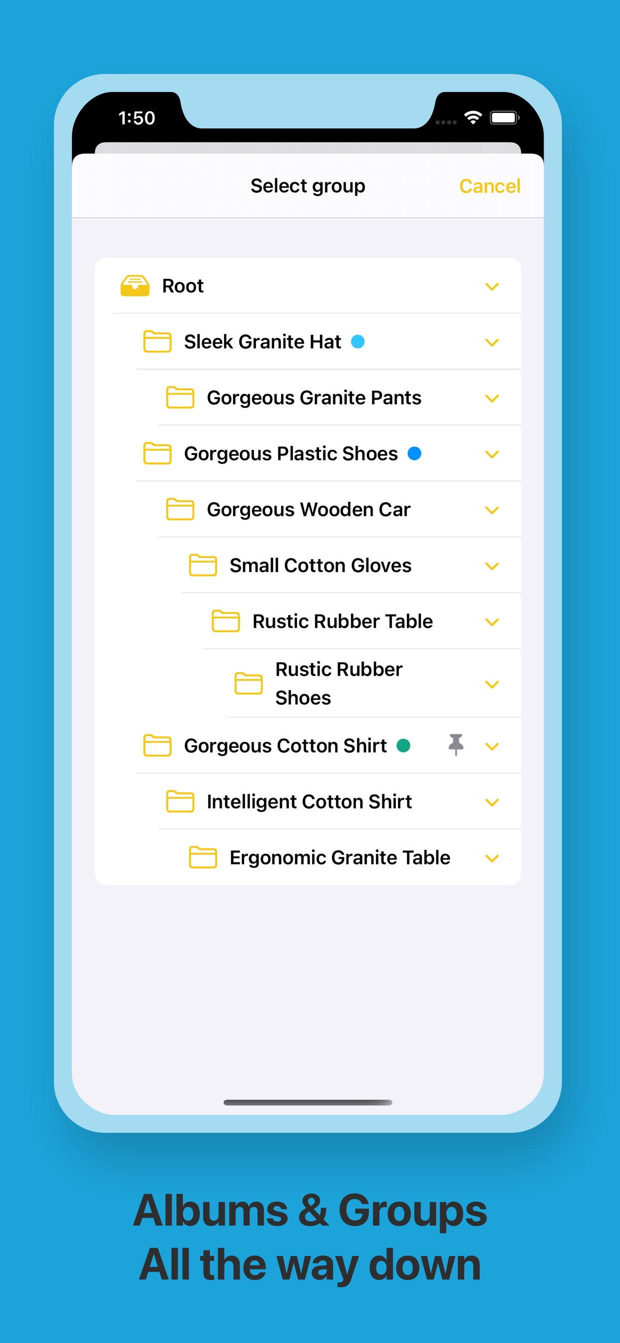 Select group modal that shows tree view of all albums and groups. Each album and groups can have multiple children and grandchildren.