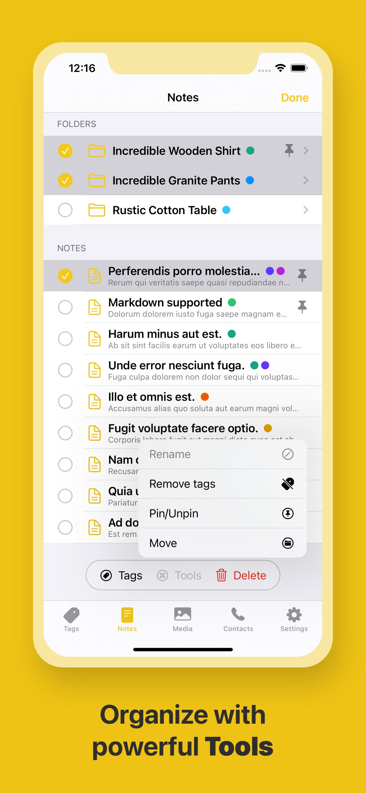 Tools menu with Rename, Remove Tags, Pin/Unpin and Move actions to edit tags, notes, media or contacts