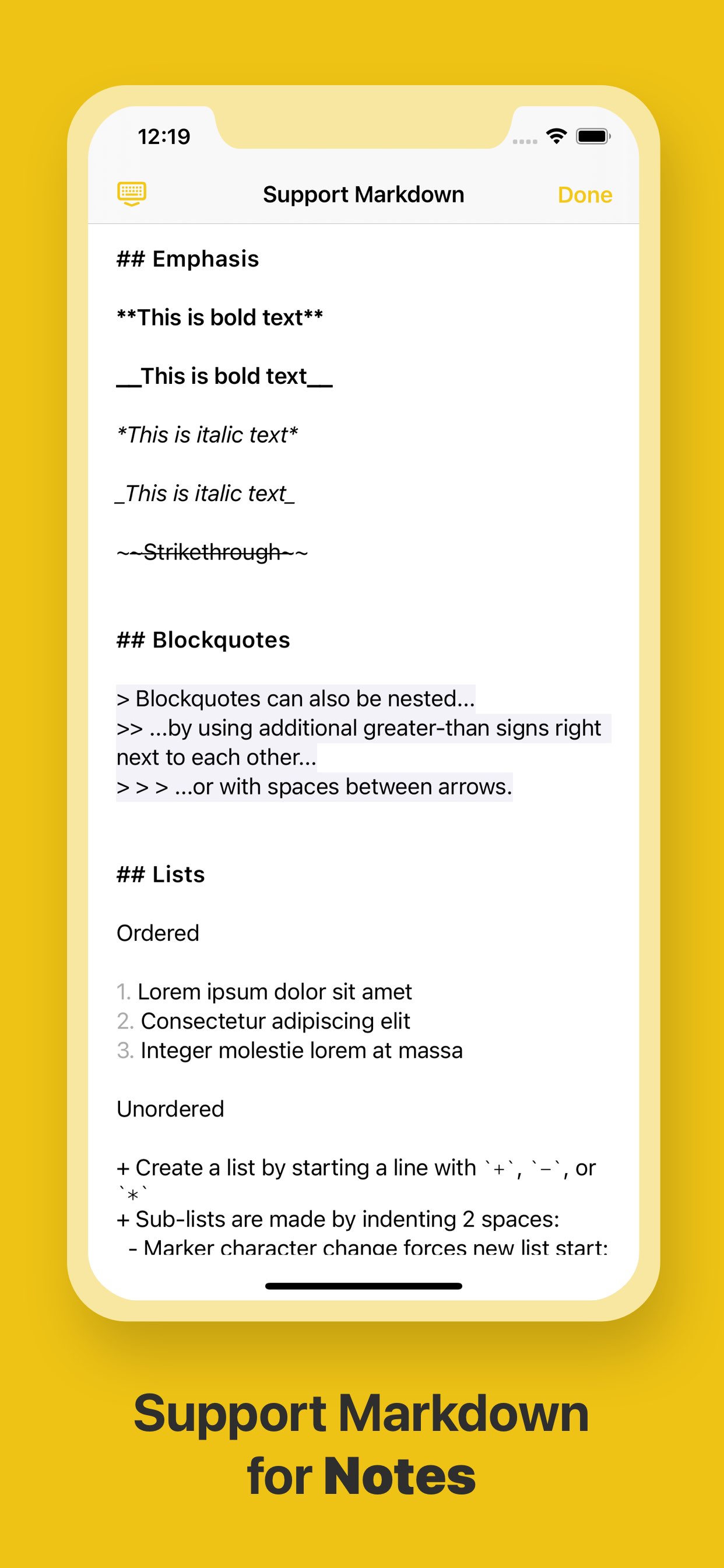 Note editor view that show an example markdown note with markdown header, bold, italic, strikethrough texts, blockquotes and lists