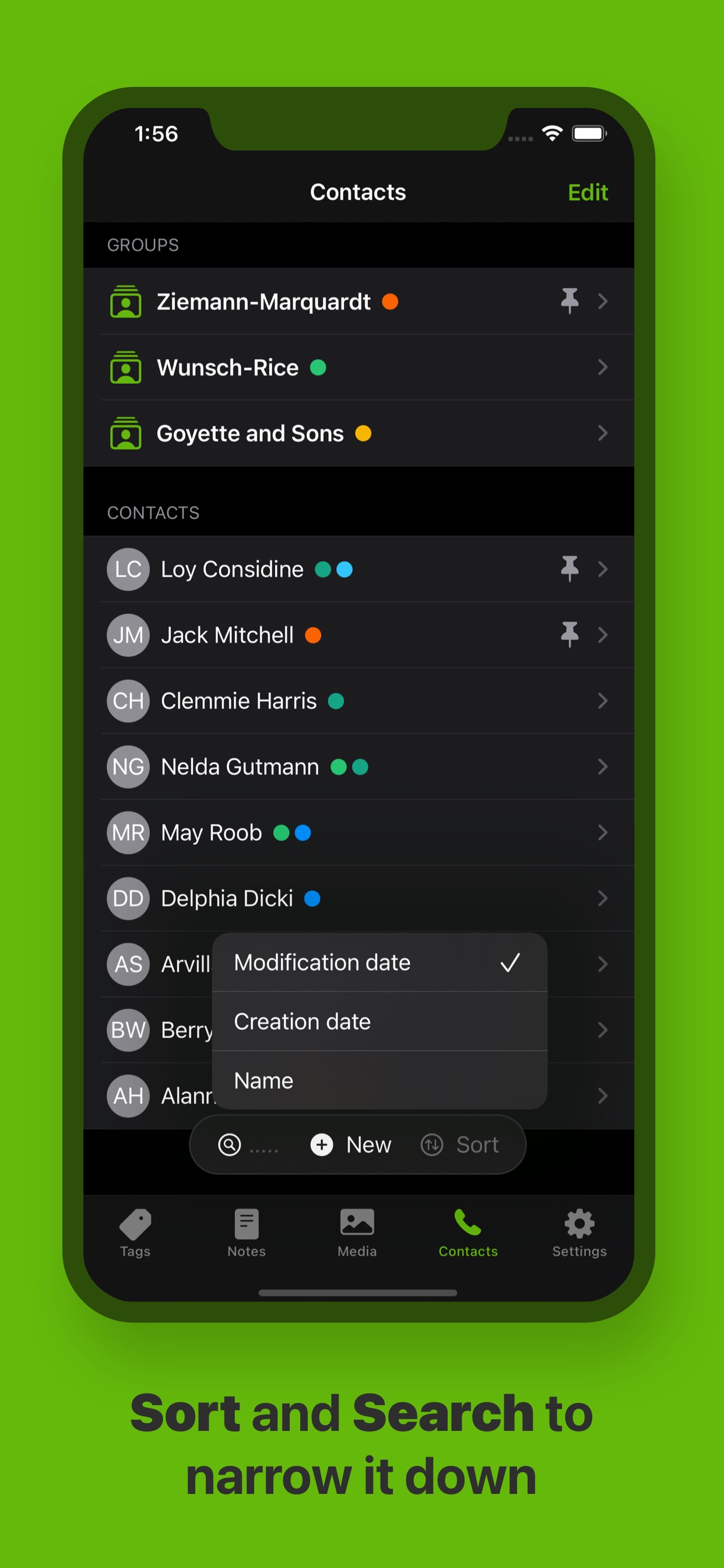 Sort menu with Modification date, Creation date and Name options to sort tags, notes, media or contacts