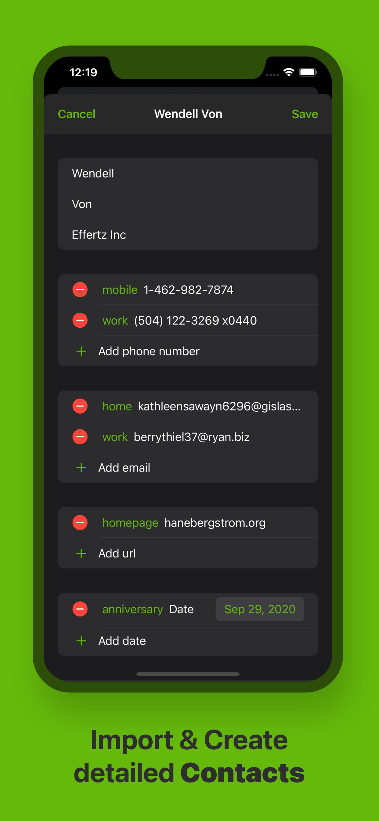 Contact editor views with detailed contact fields filled out with example informations indicate contact import and creation feature