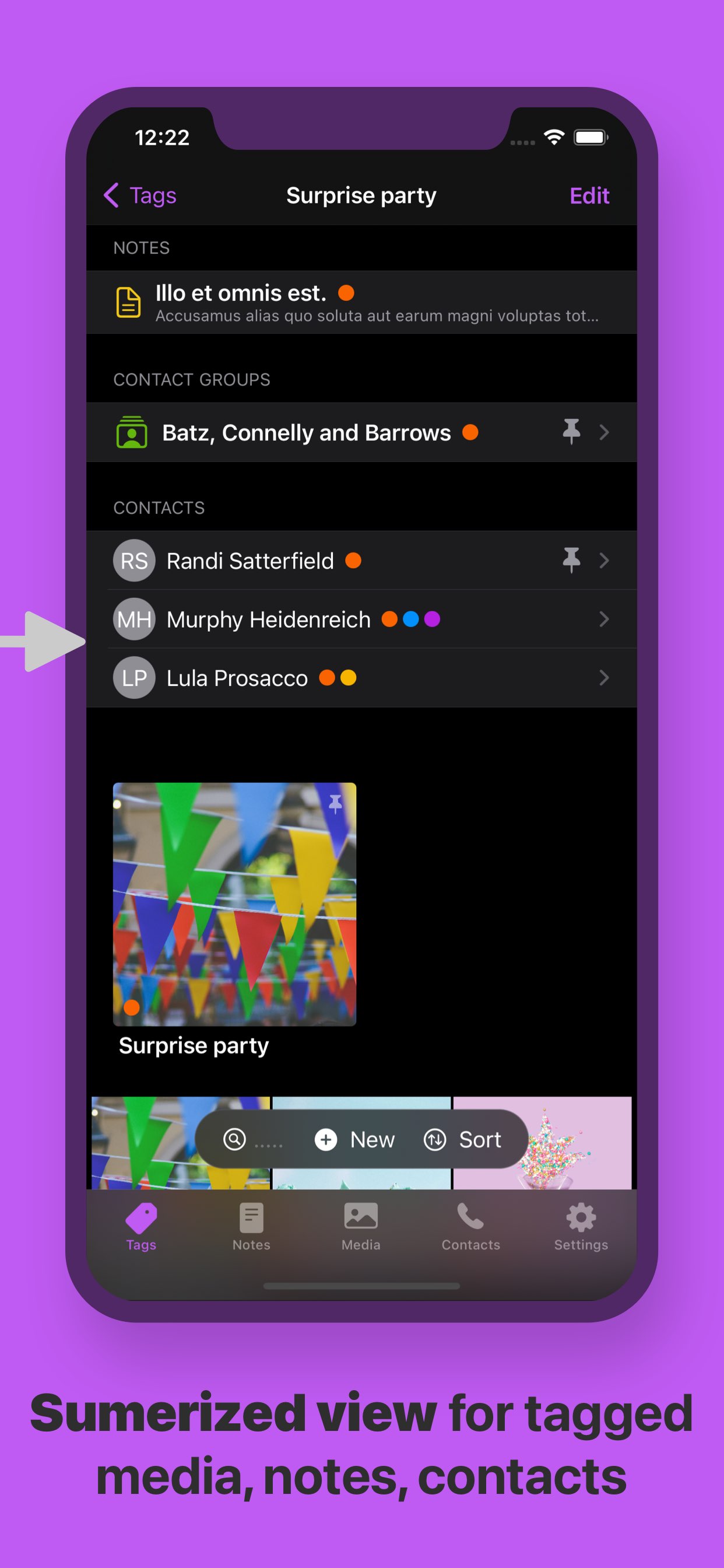 Tag screen contains notes, media an contacts that are tagged with an example tag. Tagged items are sorted according to their type.