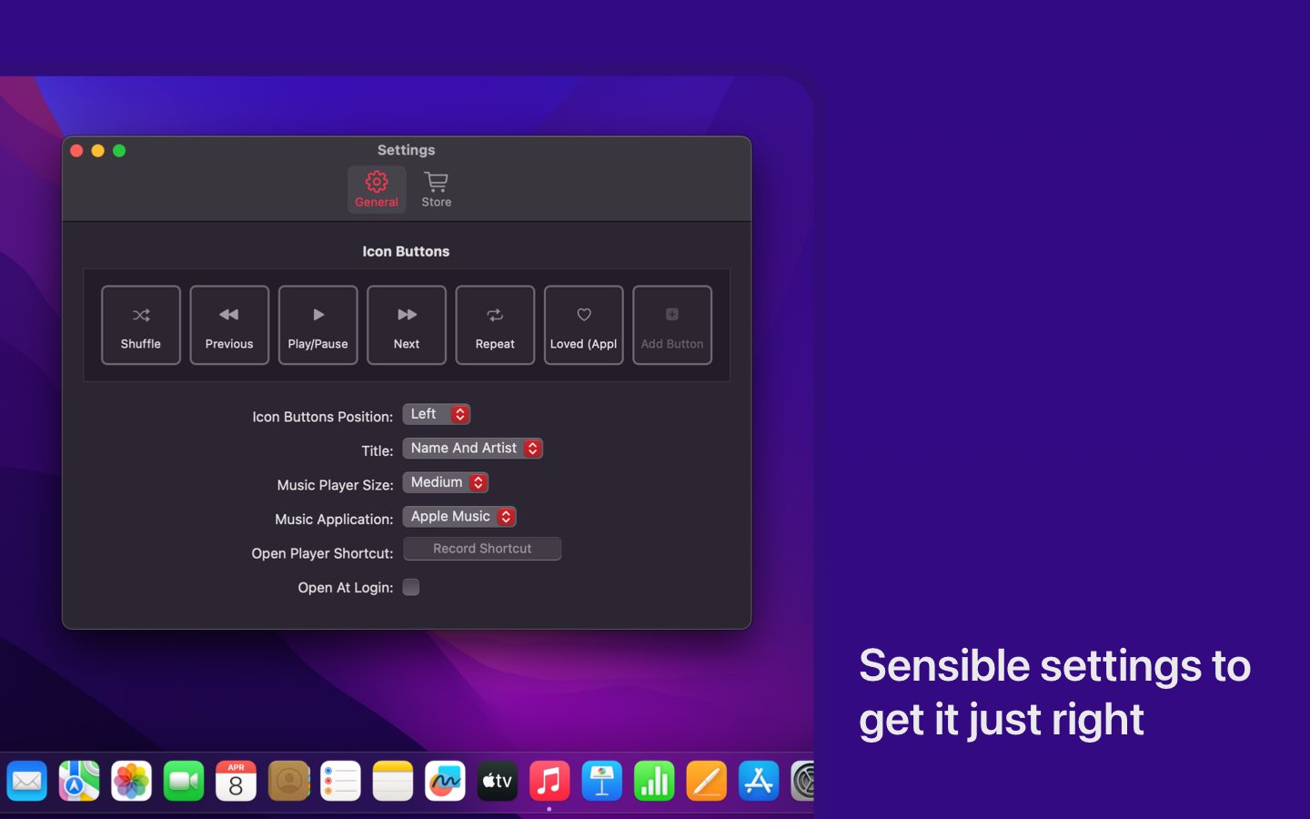 Settings window shows various options. User can customize the status bar player and the music player here.