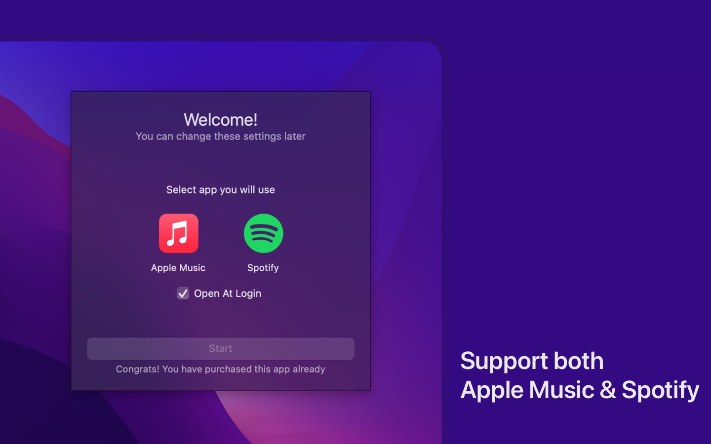 Welcome panel that indicates support for both Apple Music and Spotify, as well as Open at Login feature.
